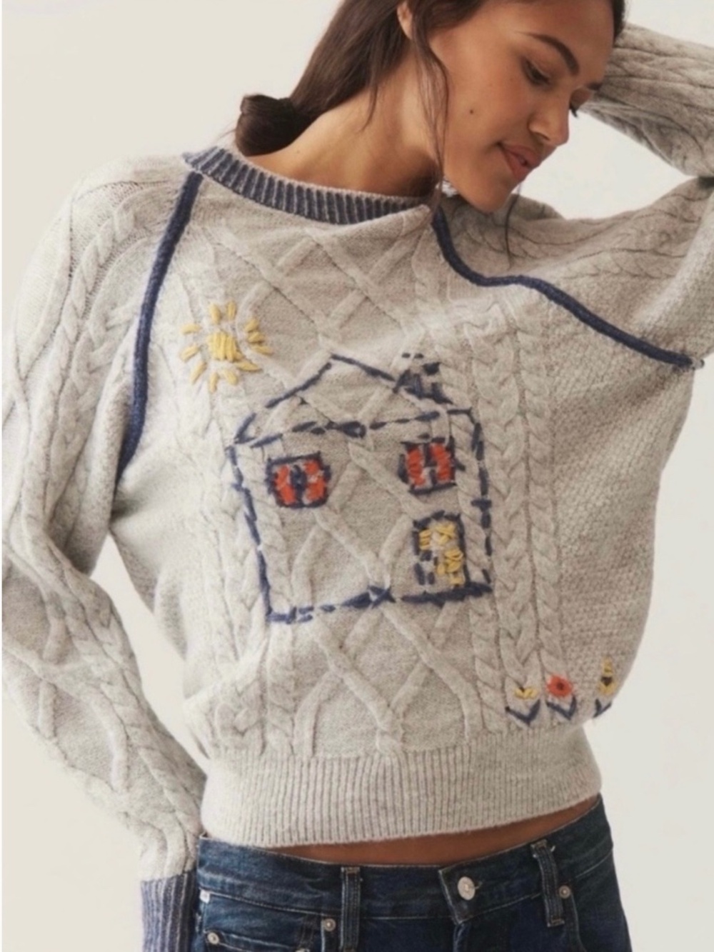 Pilcro Cable-Knit Embroidered Sweater